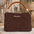 Bolso de mano artesanal marrón chocolate | Clutch crochet hecho a mano con asa efecto piel | Bolso elegante boho hui
