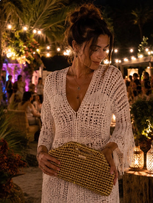 Bolso Clutch Dorado Artesanal de Trapillo – Estilo Boho Chic | Hecho a Mano