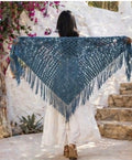 Chal Bohemio Crochet Azul con Flecos – Hecho a Mano Estilo Ibiza