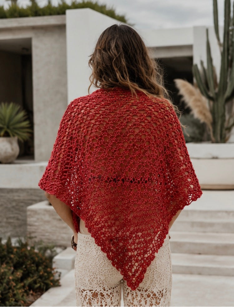 Chal Boho de Ganchillo Rojo Metalizado – Hecho a Mano