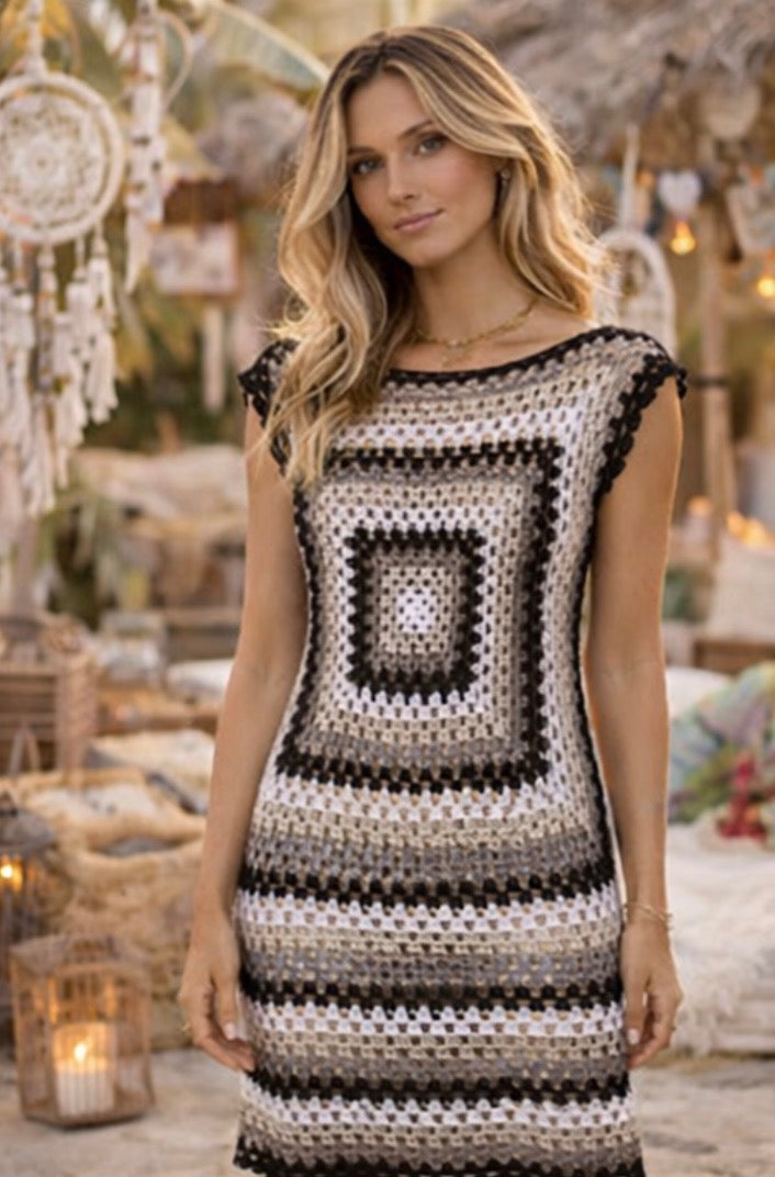 Vestido Boho Crochet Premium Hecho a Mano | Vestido Ibiza Boutique | Diseño Granny Square Elegante | Moda Bohemia Exclusiva