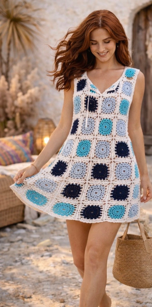 Vestido Crochet Boho Turquesa y Blanco – Granny Square Dress Handmade – Vestido Ibiza Playa – Boho Chic Summer Dress – Hippie Festival Outfi
