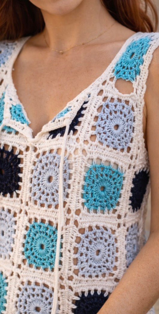 Vestido Crochet Boho Turquesa y Blanco – Granny Square Dress Handmade – Vestido Ibiza Playa – Boho Chic Summer Dress – Hippie Festival Outfi