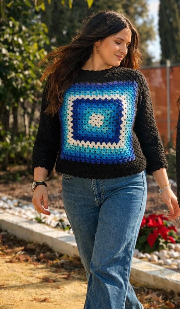 Jersey Crochet Hecho a Mano | Granny Square Azul | Suéter Boho Vintage | Ropa Artesanal Mujer | Prenda Única