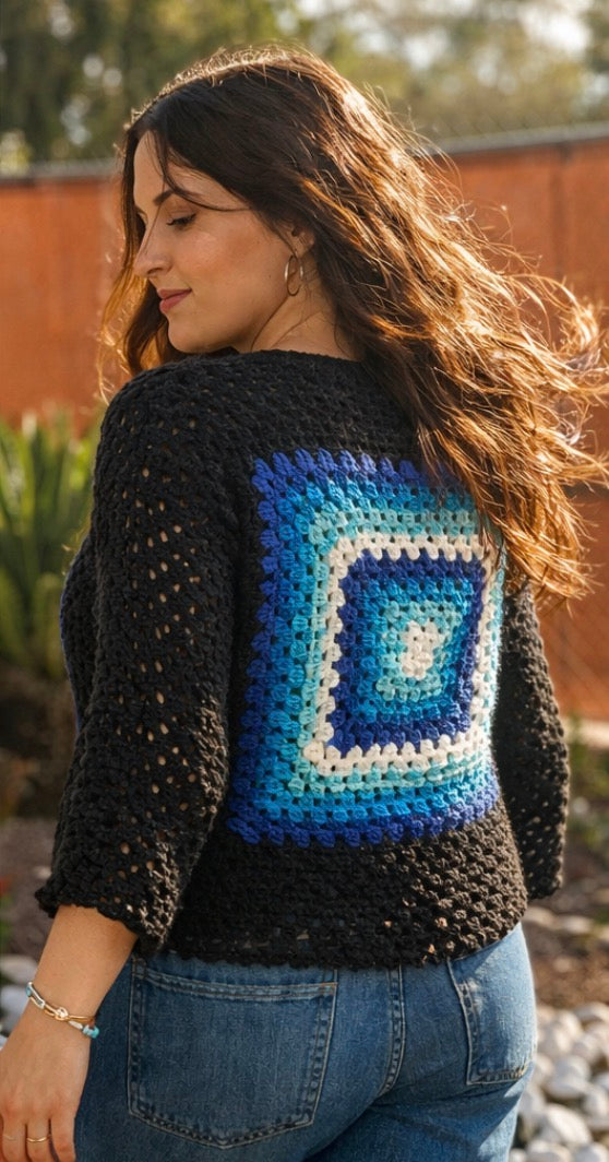Jersey Crochet Hecho a Mano | Granny Square Azul | Suéter Boho Vintage | Ropa Artesanal Mujer | Prenda Única