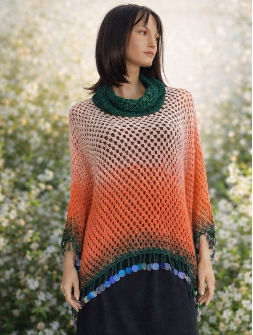 Poncho Crochet Hecho a Mano • Tejido Boho Degradado • Regalo para Mujer • Poncho Calido Primavera/Otoño • Boho Chic Poncho