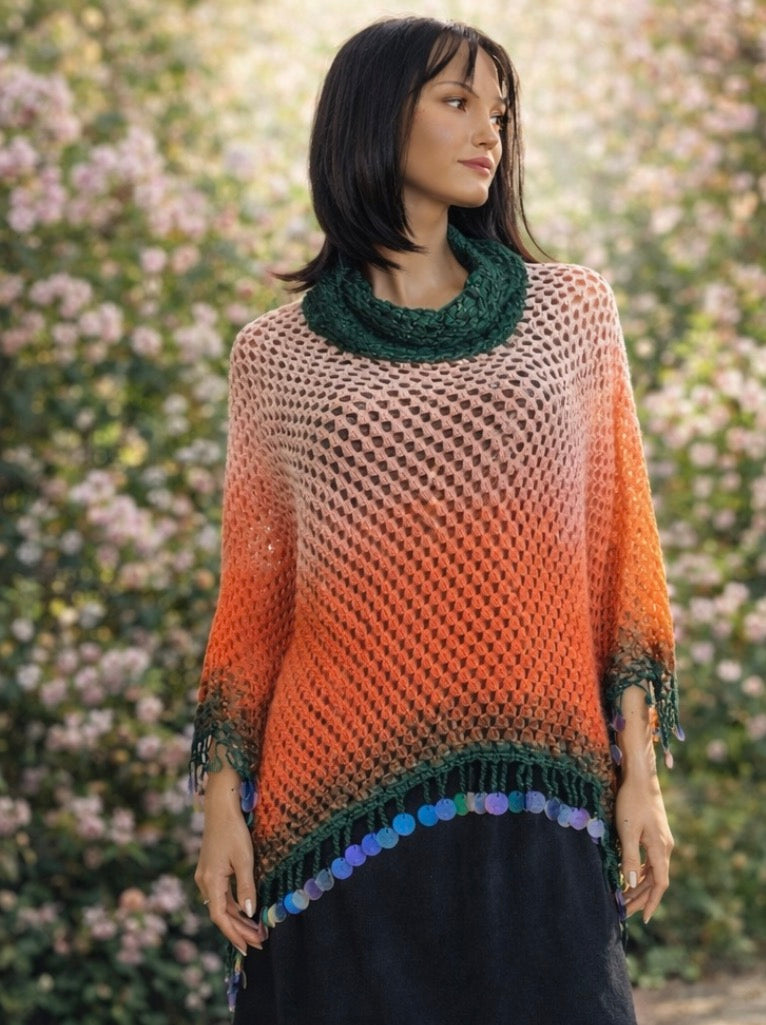 Poncho Crochet Hecho a Mano • Tejido Boho Degradado • Regalo para Mujer • Poncho Calido Primavera/Otoño • Boho Chic Poncho