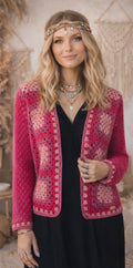 Chaqueta Crochet Rosa Estilo Boho – Cárdigan Hippie Hecho a Mano – Granny Square Vintage – Chaqueta Mujer Otoño Primavera