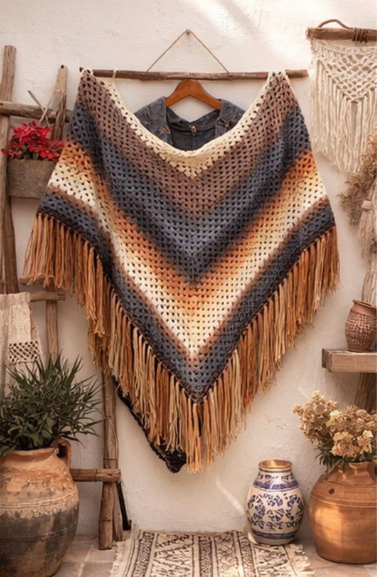 Chal Boho de Crochet con Flecos – Pañuelo Triangular Multicolor Otoño – Bufanda Artesanal Hecha a Mano
