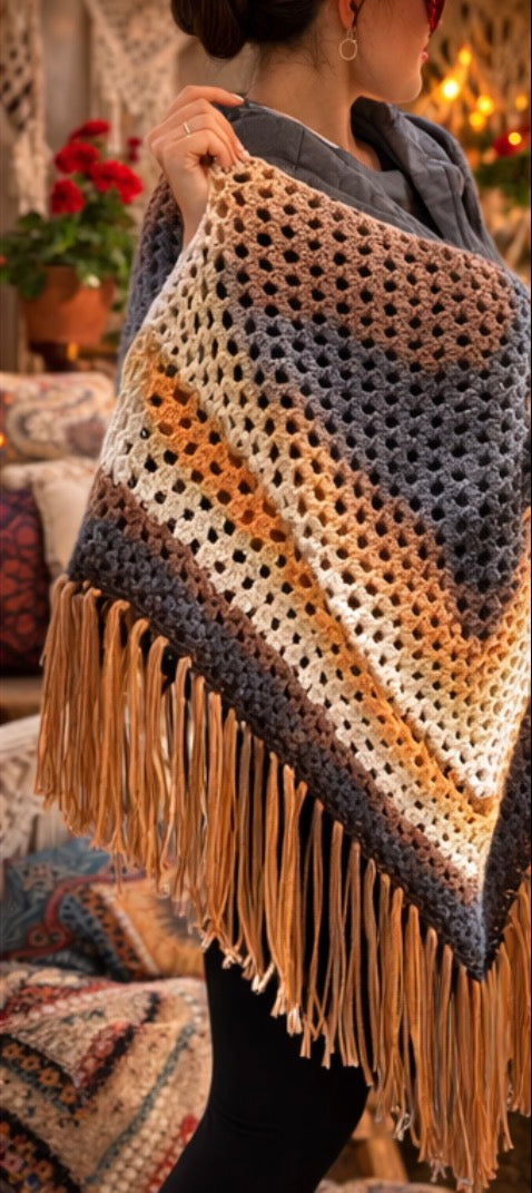 Chal Boho de Crochet con Flecos – Pañuelo Triangular Multicolor Otoño – Bufanda Artesanal Hecha a Mano