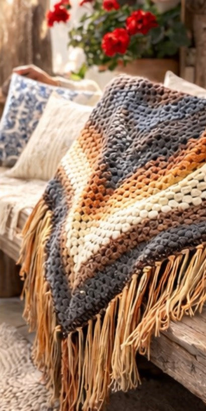 Chal Boho de Crochet con Flecos – Pañuelo Triangular Multicolor Otoño – Bufanda Artesanal Hecha a Mano