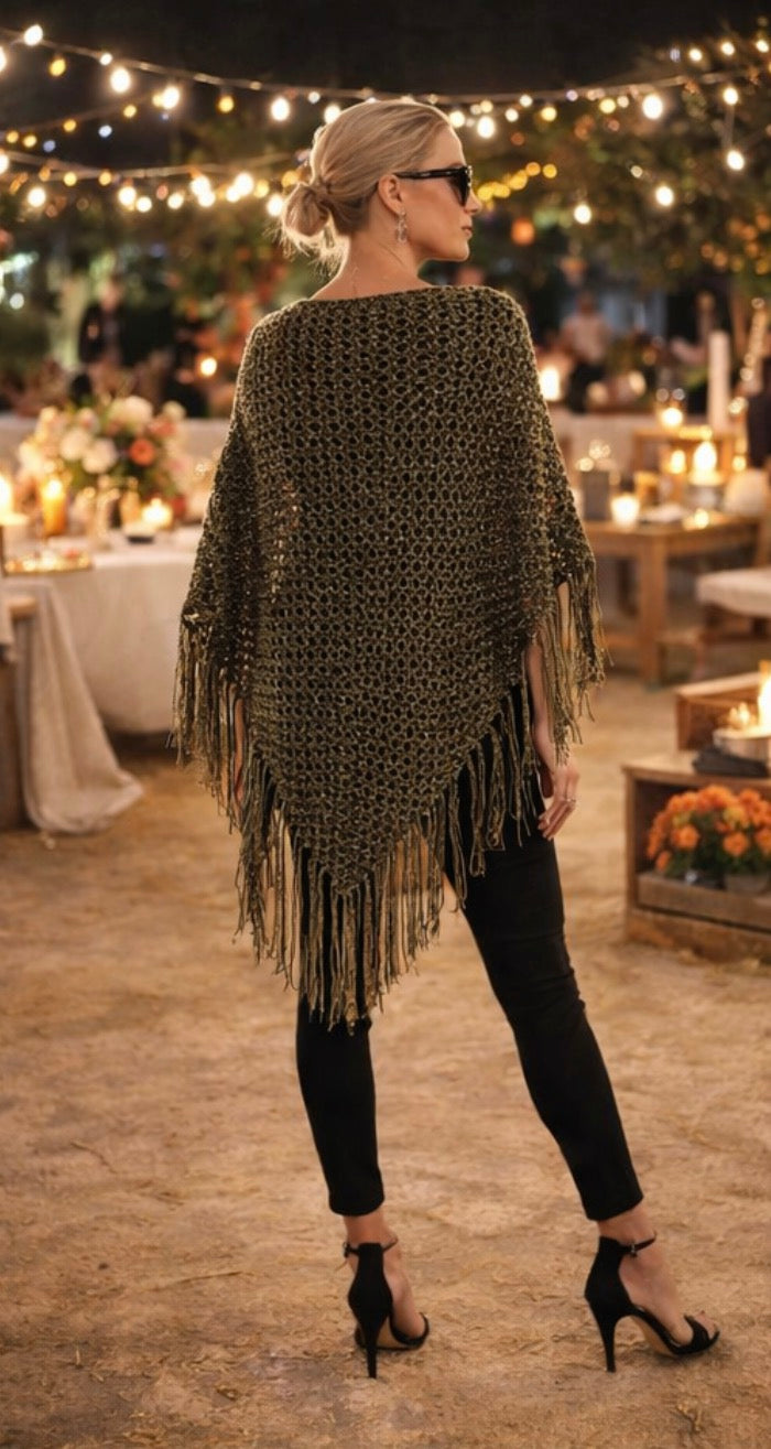 Boho Crochet Fringe Shawl, Black Bohemian Poncho Wrap, Festival Shawl, Evening Crochet Wrap, Hippie Fringe Shawl, Boho Wedding Shawl