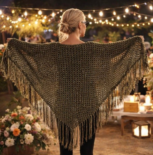 Boho Crochet Fringe Shawl, Black Bohemian Poncho Wrap, Festival Shawl, Evening Crochet Wrap, Hippie Fringe Shawl, Boho Wedding Shawl