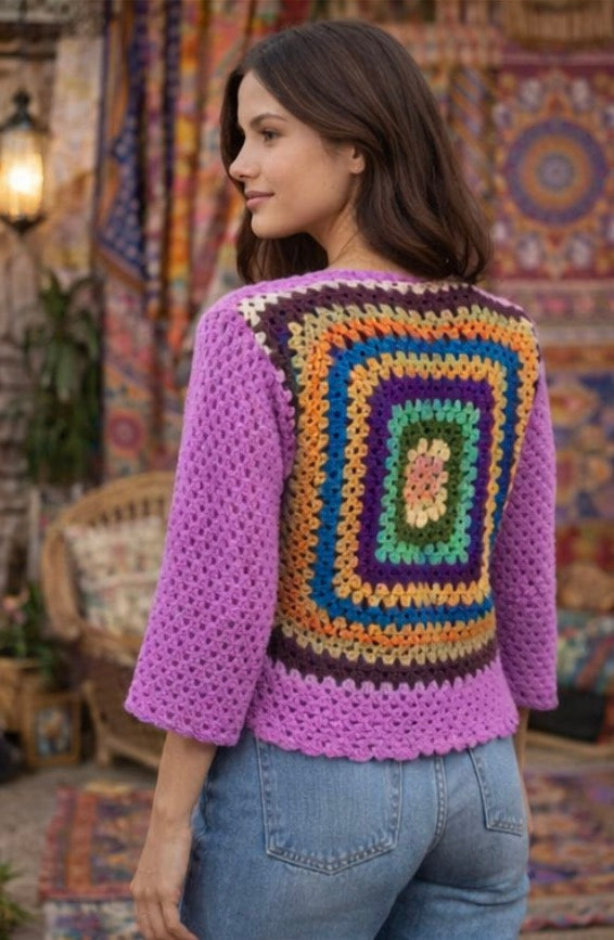Colorful Handmade Crochet Granny Square Sweater | Boho Hippie Vintage Pullover | Unique Patchwork Knit Top