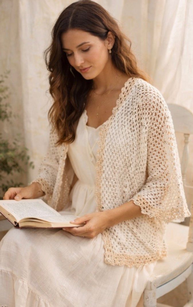 Cardigan Crochet Vintage Beige – Chaqueta Boho Romántica – Punto Calado Años 90 – Estilo Ibiza Cottagecore