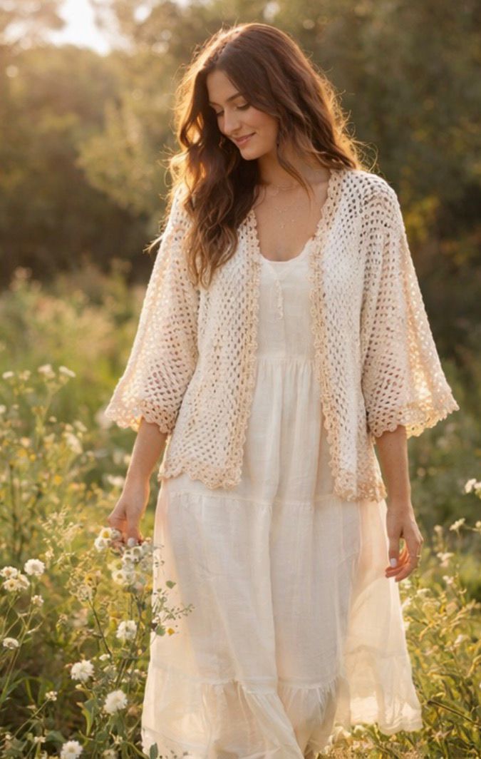Cardigan Crochet Vintage Beige – Chaqueta Boho Romántica – Punto Calado Años 90 – Estilo Ibiza Cottagecore