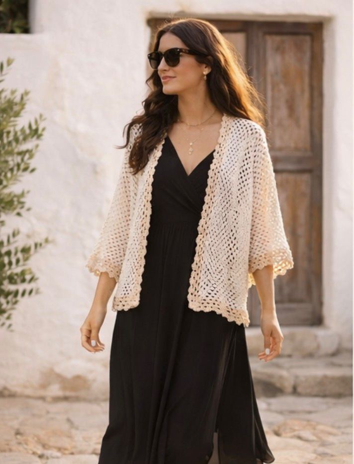 Cardigan Crochet Vintage Beige – Chaqueta Boho Romántica – Punto Calado Años 90 – Estilo Ibiza Cottagecore