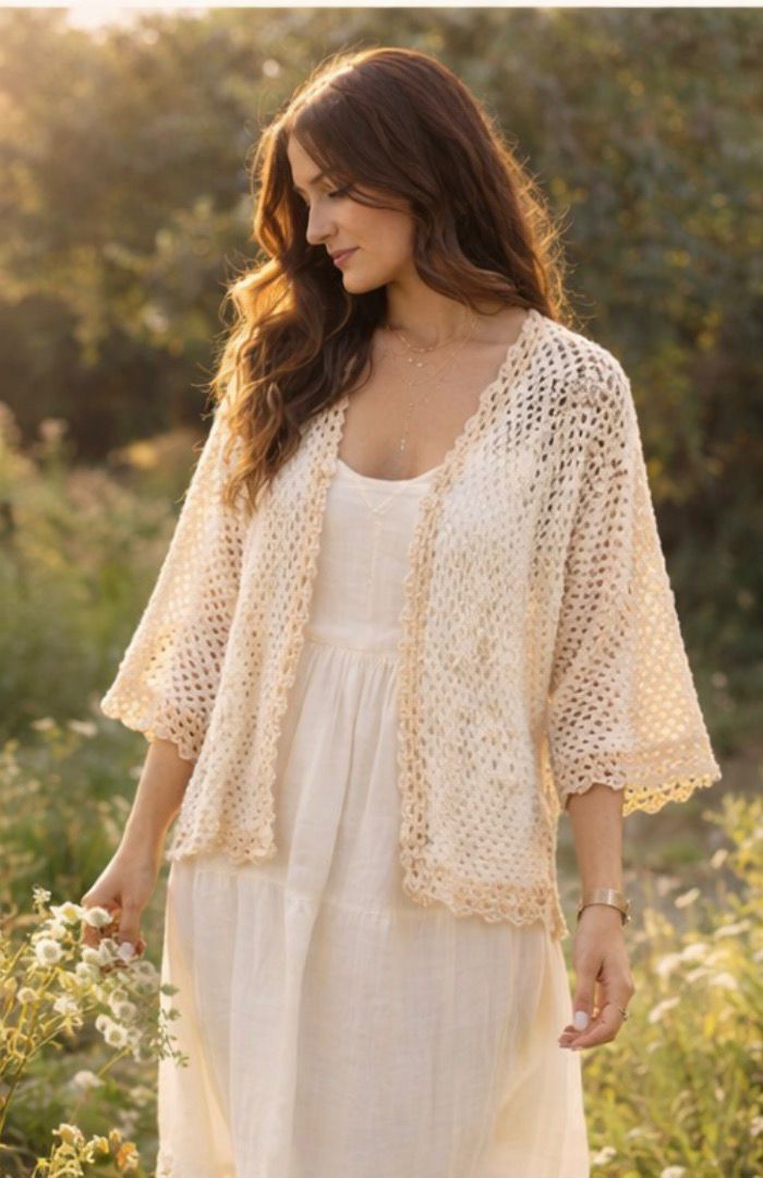 Cardigan Crochet Vintage Beige – Chaqueta Boho Romántica – Punto Calado Años 90 – Estilo Ibiza Cottagecore