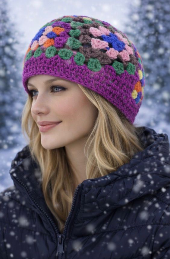 Gorro tejido a mano con cuadrados de la abuela multicolor y único