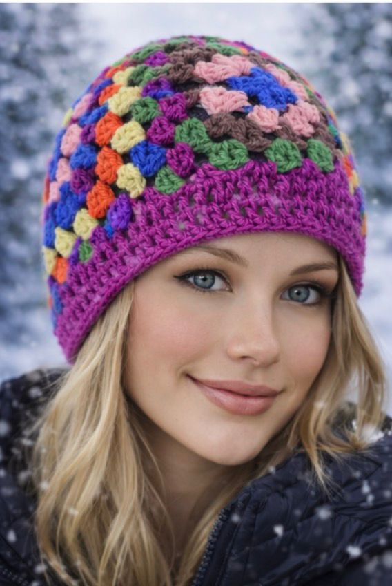 Gorro tejido a mano con cuadrados de la abuela multicolor y único