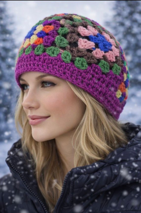 Gorro tejido a mano con cuadrados de la abuela multicolor y único
