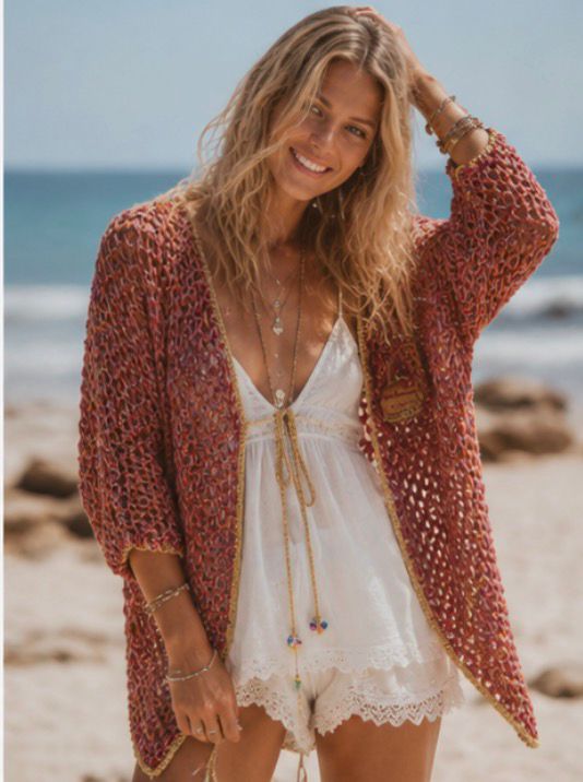Kimono Boho Crochet Multicolor con Borde Dorado | Estilo Hippie Chic Playa