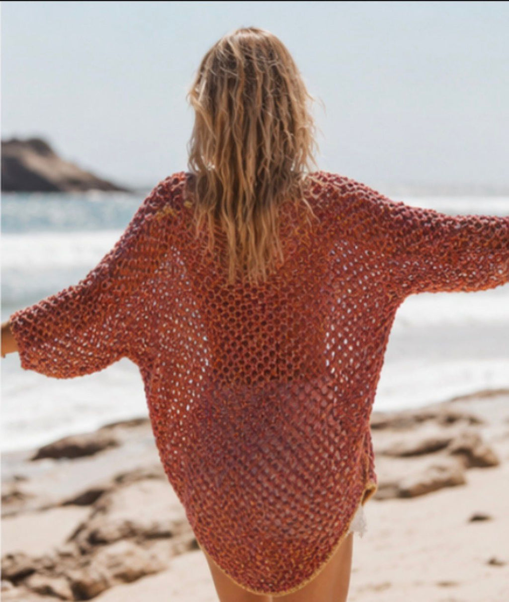 Kimono Boho Crochet Multicolor con Borde Dorado | Estilo Hippie Chic Playa