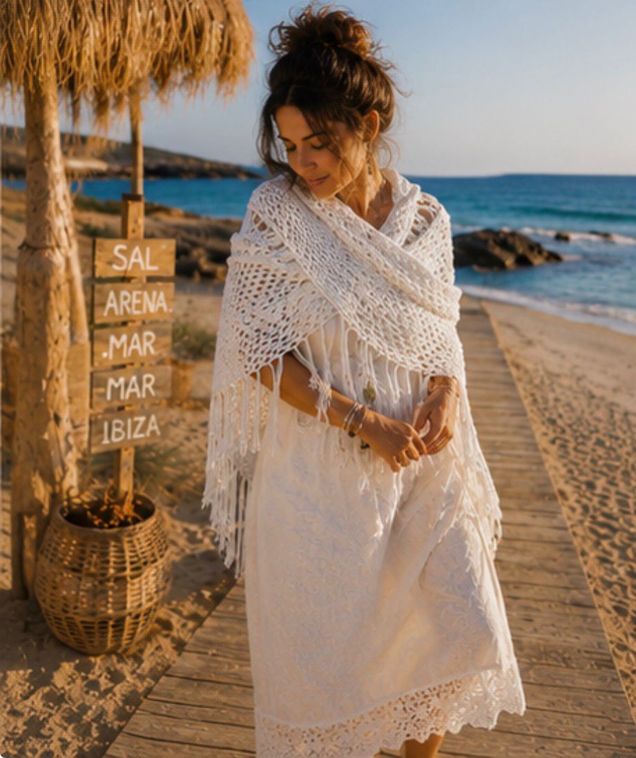 Chal Bohemio Blanco con Flecos – Estilo Ibicenco Handmade