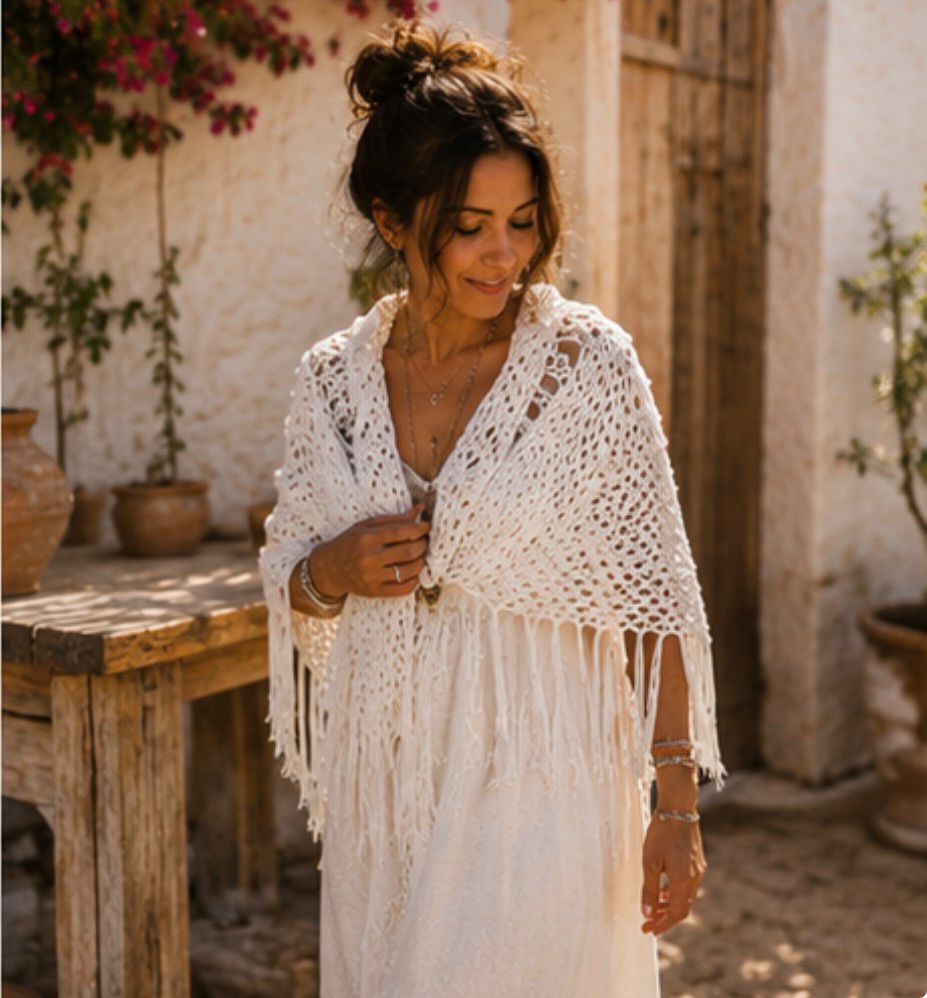 Chal Bohemio Blanco con Flecos – Estilo Ibicenco Handmade