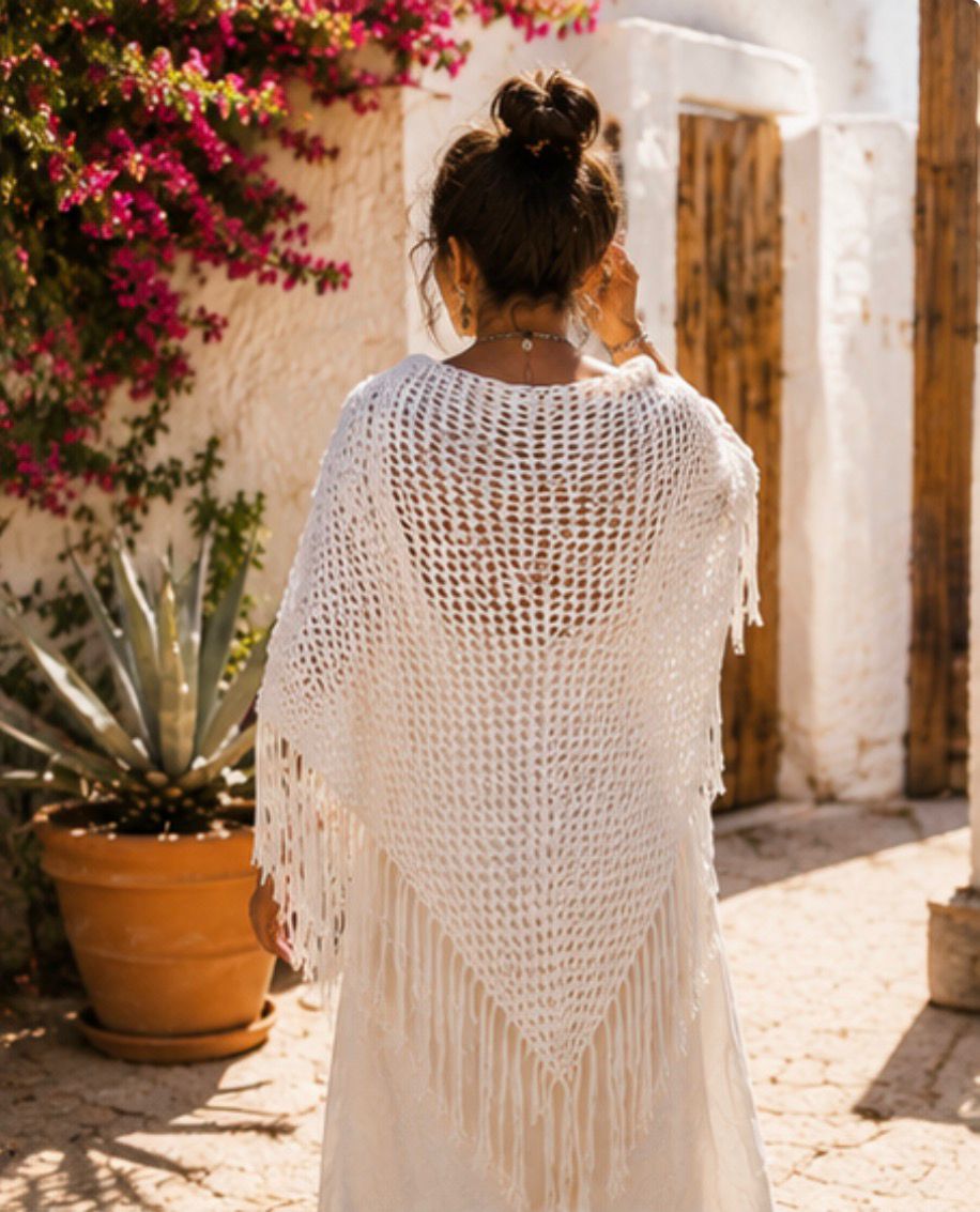 Chal Bohemio Blanco con Flecos – Estilo Ibicenco Handmade