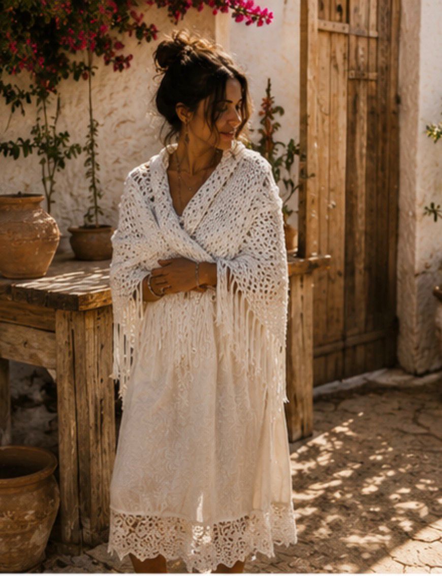 Chal Bohemio Blanco con Flecos – Estilo Ibicenco Handmade