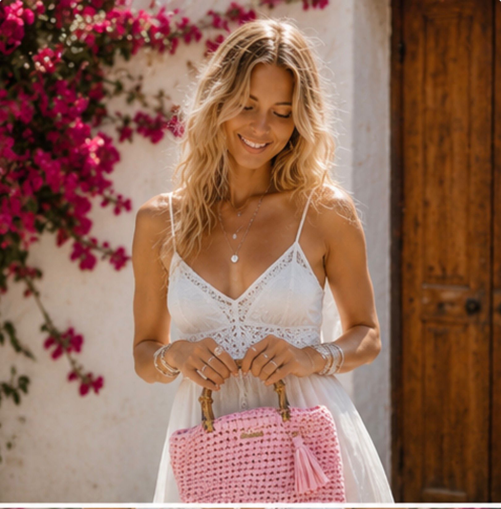 Bolso Rosa Crochet Handmade con Asa de Bambú – Estilo Boho Ibiza