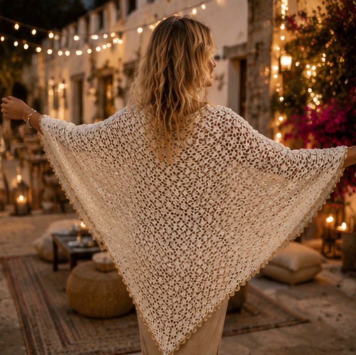 Chal Boho Blanco con Borde Dorado – Chal Triangular Crochet Artesanal