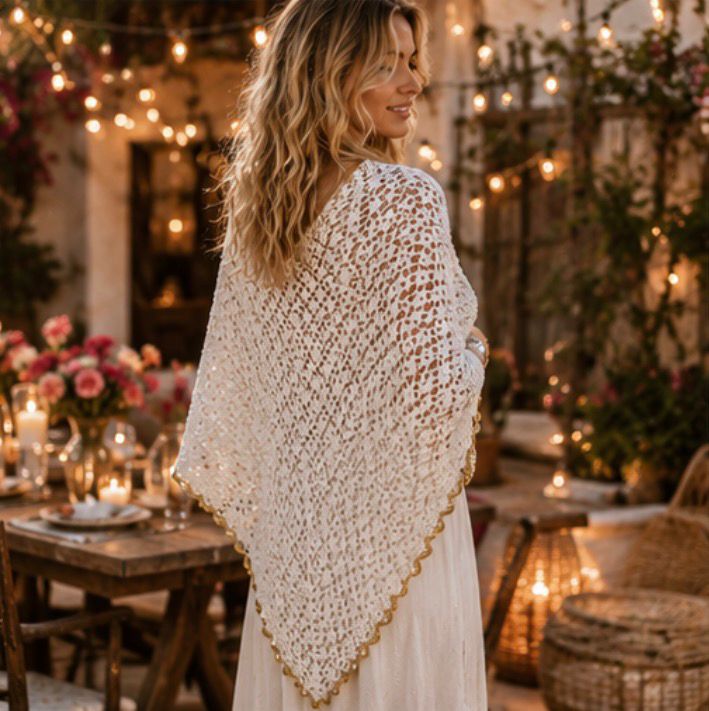 Chal Boho Blanco con Borde Dorado – Chal Triangular Crochet Artesanal
