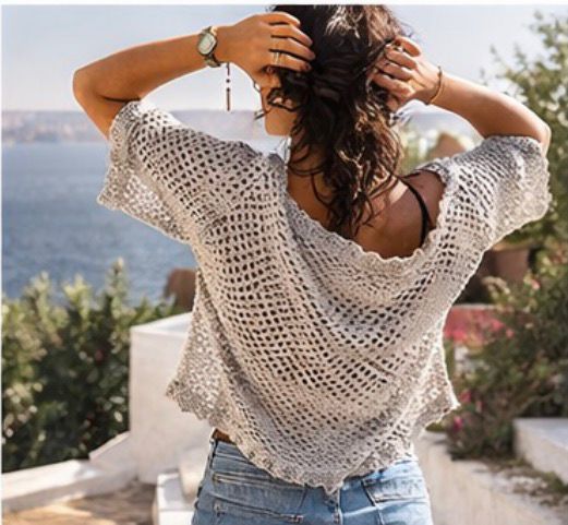 Top Crochet Gris Hecho a Mano | Jersey Calado Mujer | Blusa Boho Verano | Suéter Ligero Manga 3/4 | Moda Ibiza