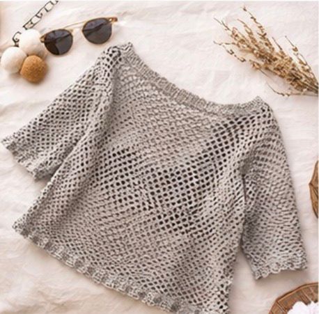 Top Crochet Gris Hecho a Mano | Jersey Calado Mujer | Blusa Boho Verano | Suéter Ligero Manga 3/4 | Moda Ibiza