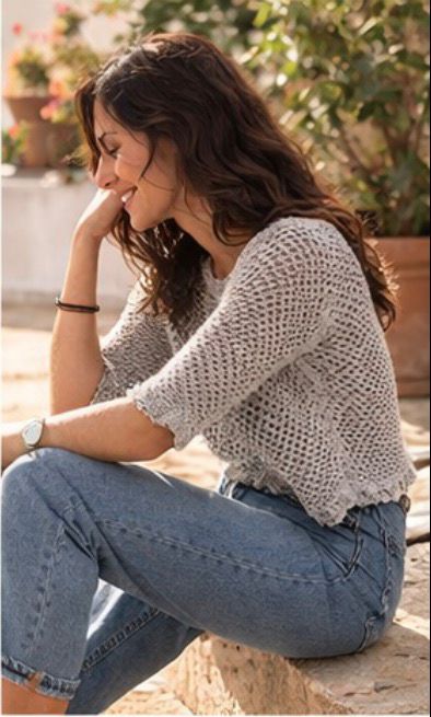 Top Crochet Gris Hecho a Mano | Jersey Calado Mujer | Blusa Boho Verano | Suéter Ligero Manga 3/4 | Moda Ibiza