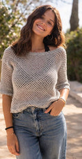 Top Crochet Gris Hecho a Mano | Jersey Calado Mujer | Blusa Boho Verano | Suéter Ligero Manga 3/4 | Moda Ibiza