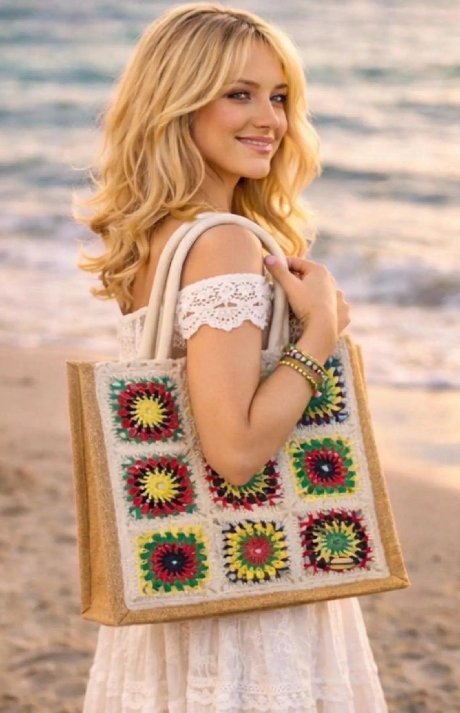 Bolso de Crochet con Asas de Bambú | Bolso Boho de Yute Hecho a Mano | Granny Square Tote Bag | Bolso Bohemio Mujer Playa Verano