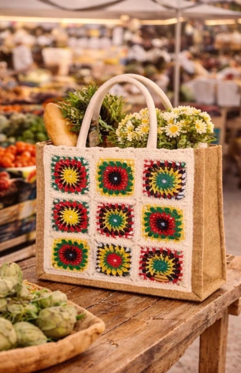 Bolso de Crochet con Asas de Bambú | Bolso Boho de Yute Hecho a Mano | Granny Square Tote Bag | Bolso Bohemio Mujer Playa Verano