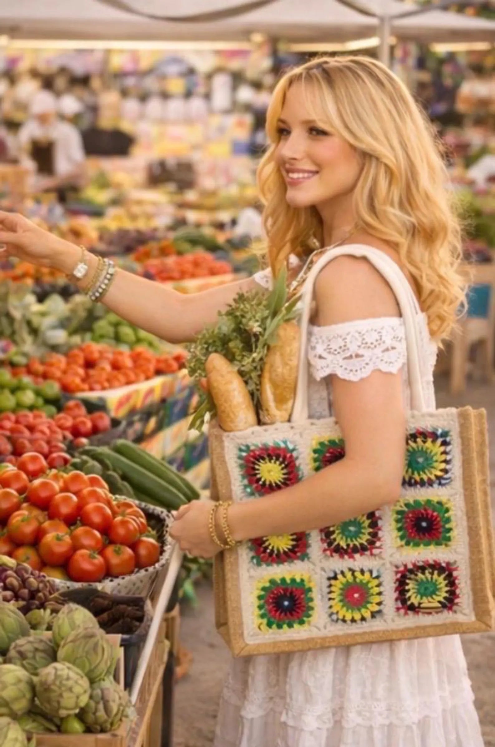 Bolso de Crochet con Asas de Bambú | Bolso Boho de Yute Hecho a Mano | Granny Square Tote Bag | Bolso Bohemio Mujer Playa Verano