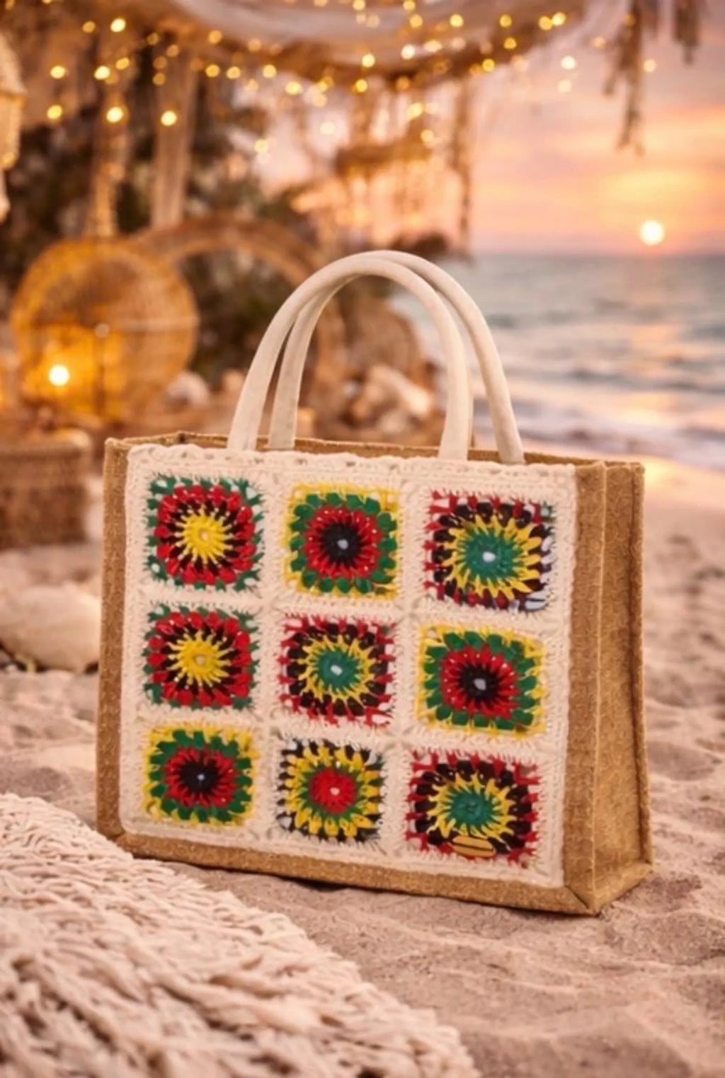 Bolso de Crochet con Asas de Bambú | Bolso Boho de Yute Hecho a Mano | Granny Square Tote Bag | Bolso Bohemio Mujer Playa Verano