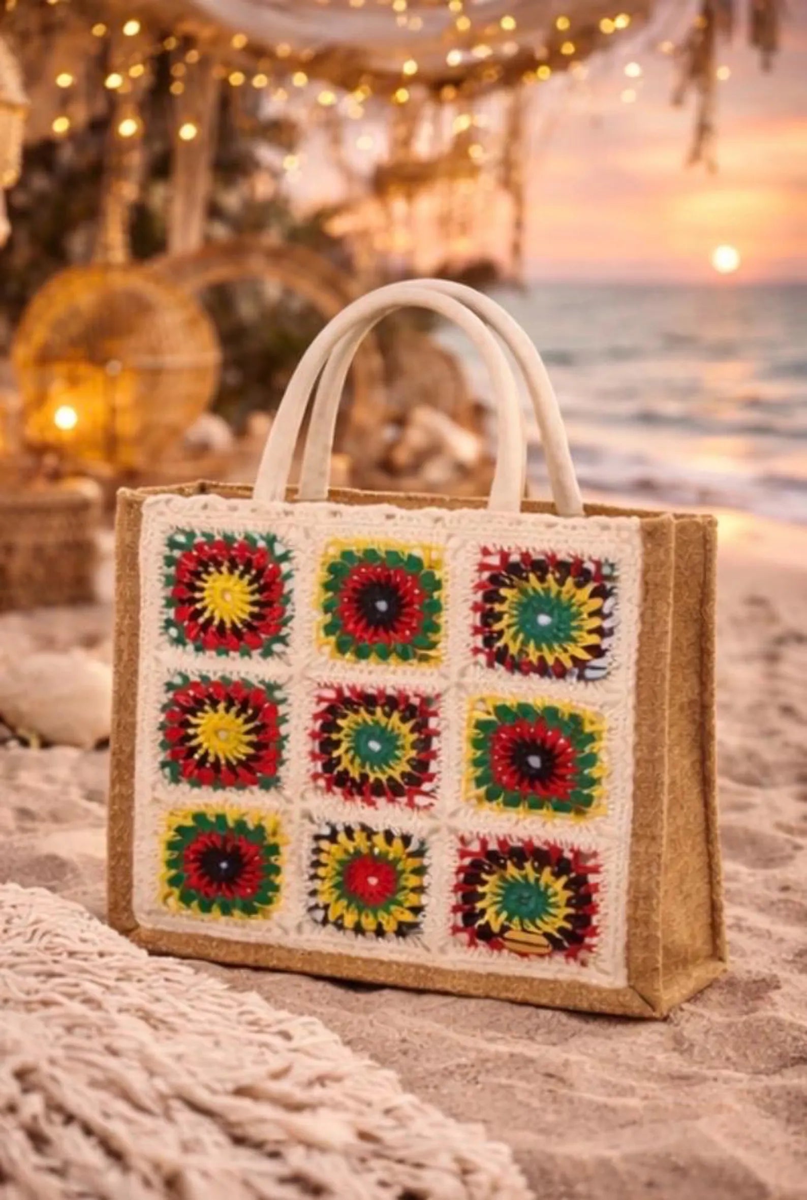 Bolso de Crochet con Asas de Bambú | Bolso Boho de Yute Hecho a Mano | Granny Square Tote Bag | Bolso Bohemio Mujer Playa Verano