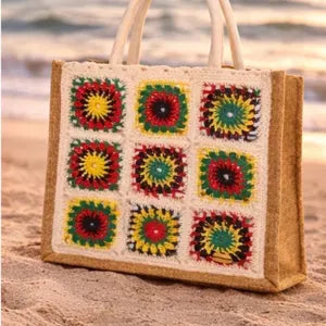 Bolso de Crochet con Asas de Bambú | Bolso Boho de Yute Hecho a Mano | Granny Square Tote Bag | Bolso Bohemio Mujer Playa Verano