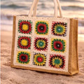 Bolso de Crochet con Asas de Bambú | Bolso Boho de Yute Hecho a Mano | Granny Square Tote Bag | Bolso Bohemio Mujer Playa Verano