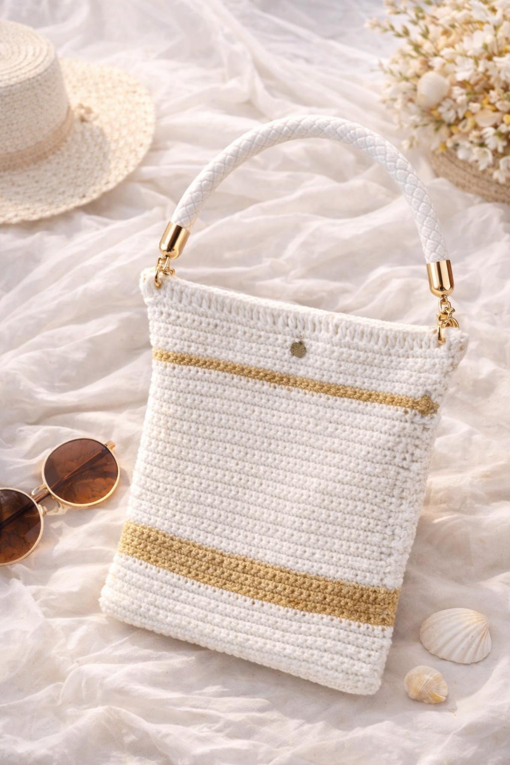 Bolso de crochet blanco y dorado hecho a mano / bolso Ibiza verano / bolso artesanal elegante /  handmade summer bag