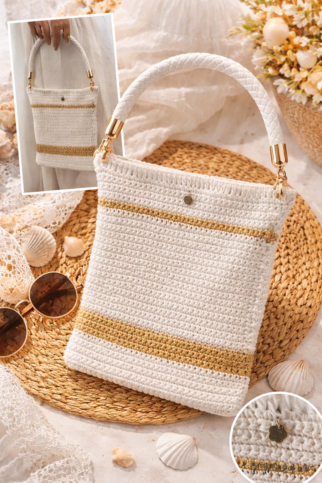 Bolso de crochet blanco y dorado hecho a mano / bolso Ibiza verano / bolso artesanal elegante /  handmade summer bag