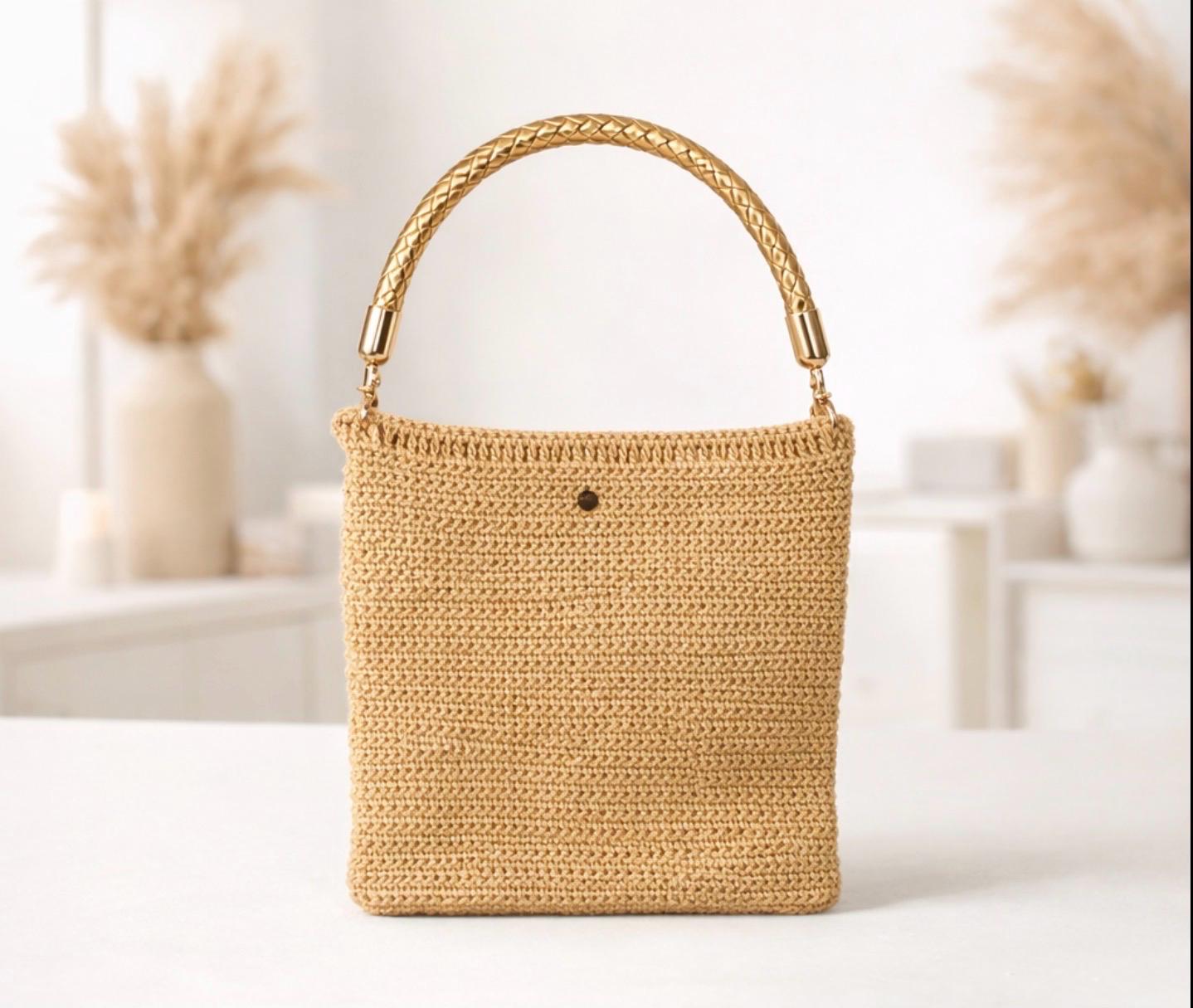 Bolso de Mano Dorado Tejido a Crochet con Asa Metálica | Mini Bolso Elegante de Noche | Handmade Ibiza Style
