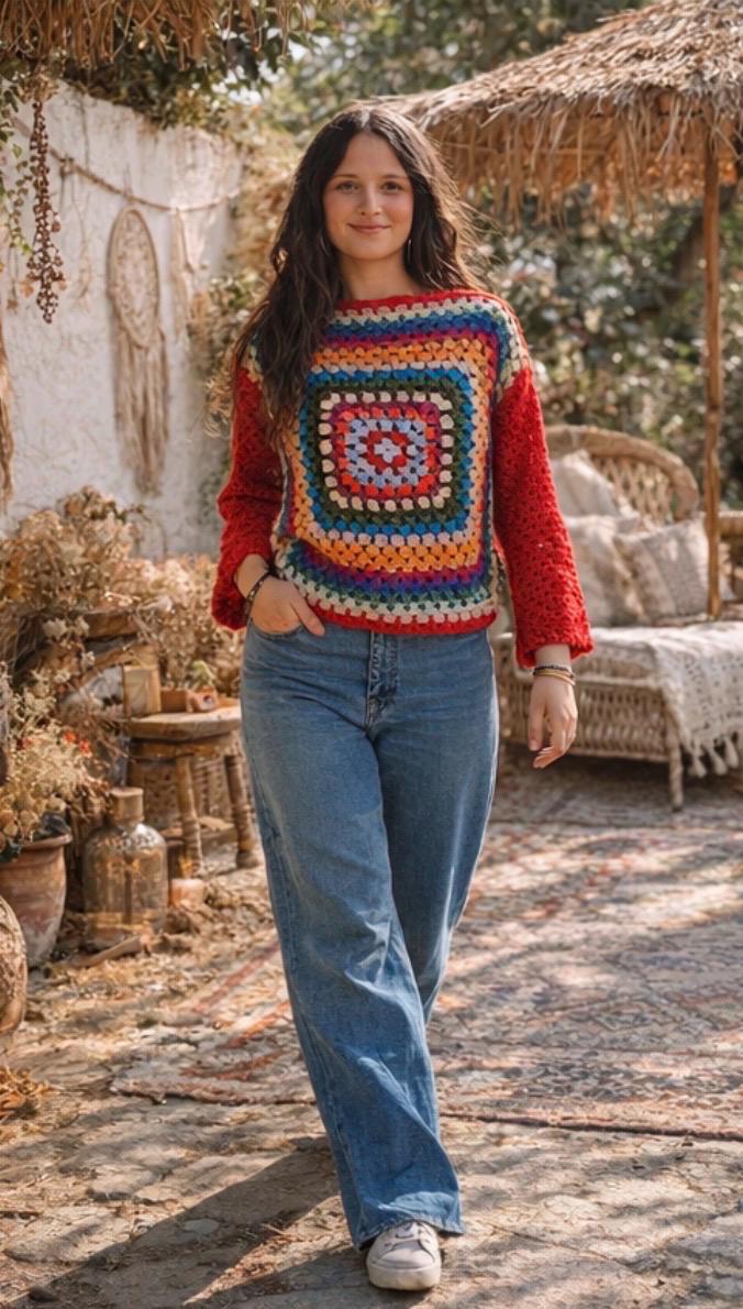 Jersey Boho Crochet Multicolor Granny Square – Suéter Artesanal Estilo Ibiza Hippie Chic Otoño Invierno Mujer