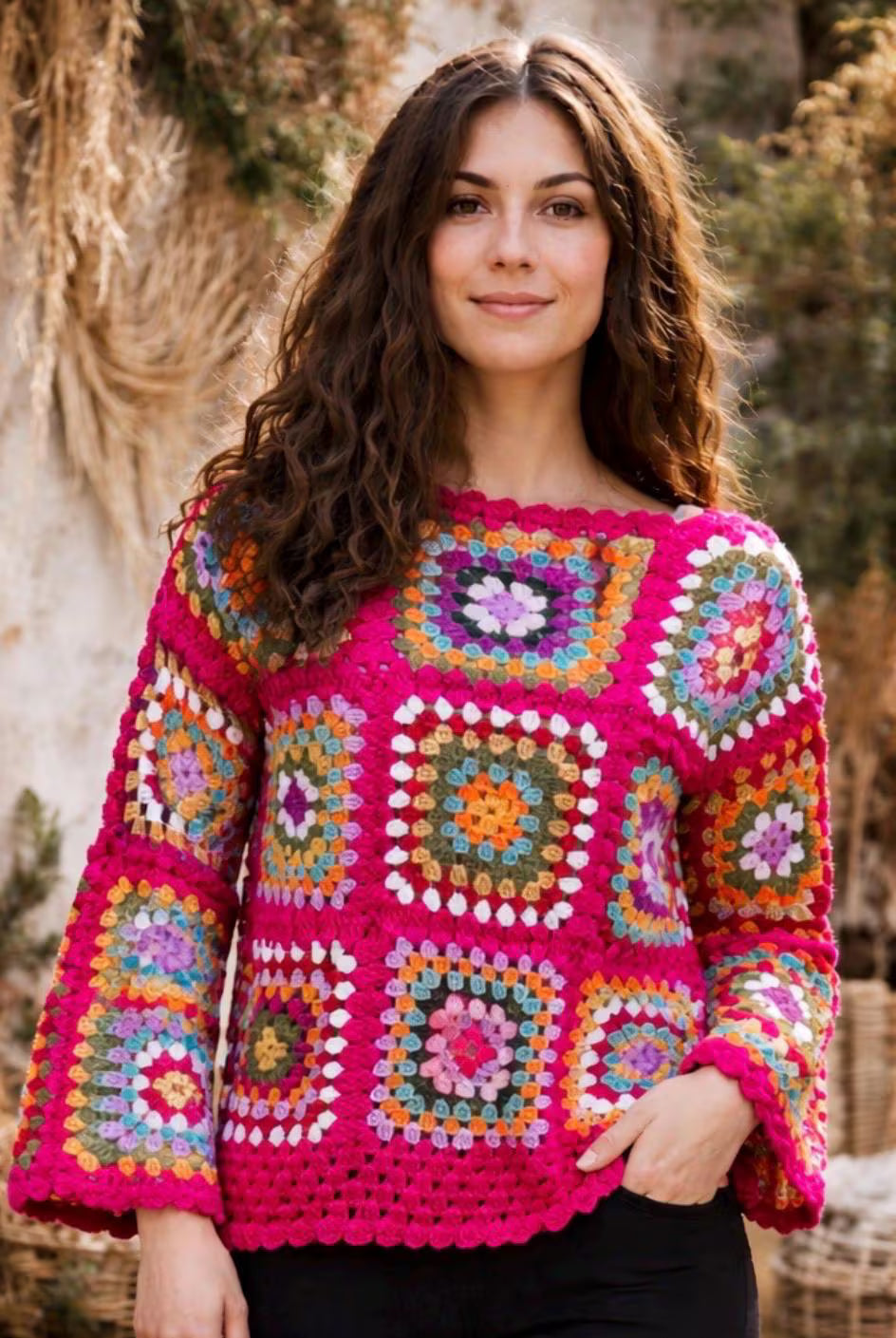Jersey Crochet Granny Square Fucsia Multicolor – Suéter Boho Hecho a Mano Estilo Ibiza Hippie Chic Mujer